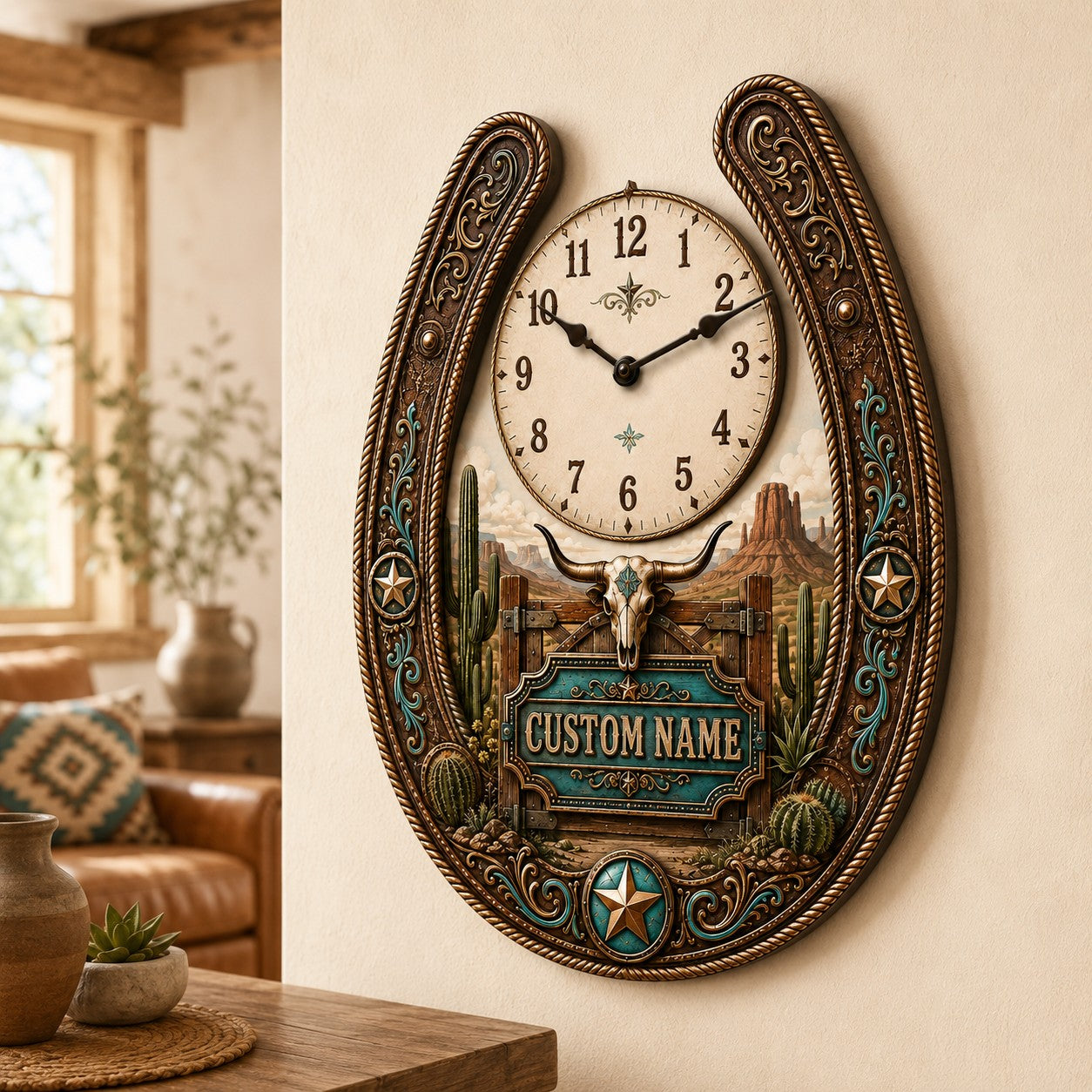 Western ranch homeowner Custom Name Wall Clock — personalized with a custom name