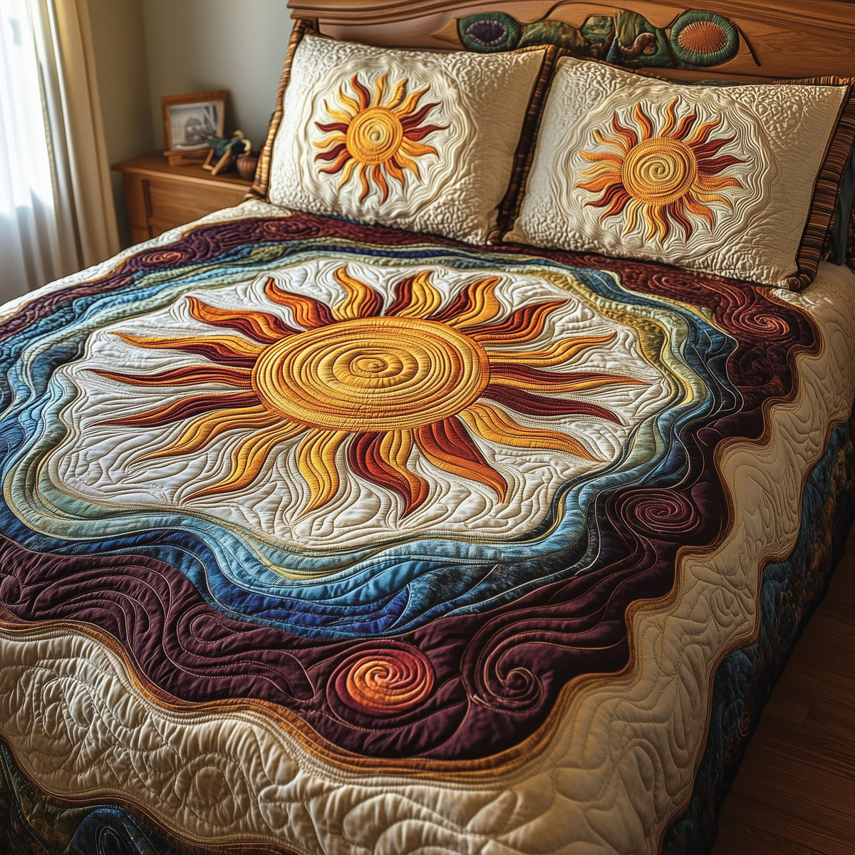 Luminous Sunshine Cream quilted 3-piece bedding set on a made bed with two matching pillow shams