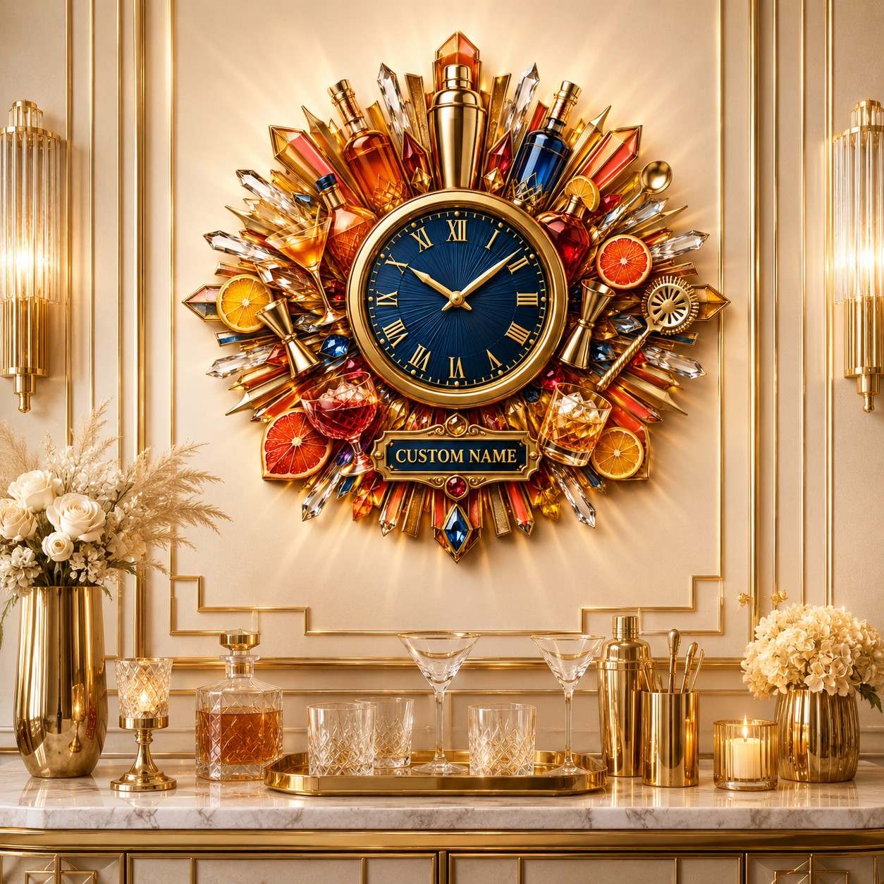 Personalized cocktail bar wall clock — personalized with a custom name