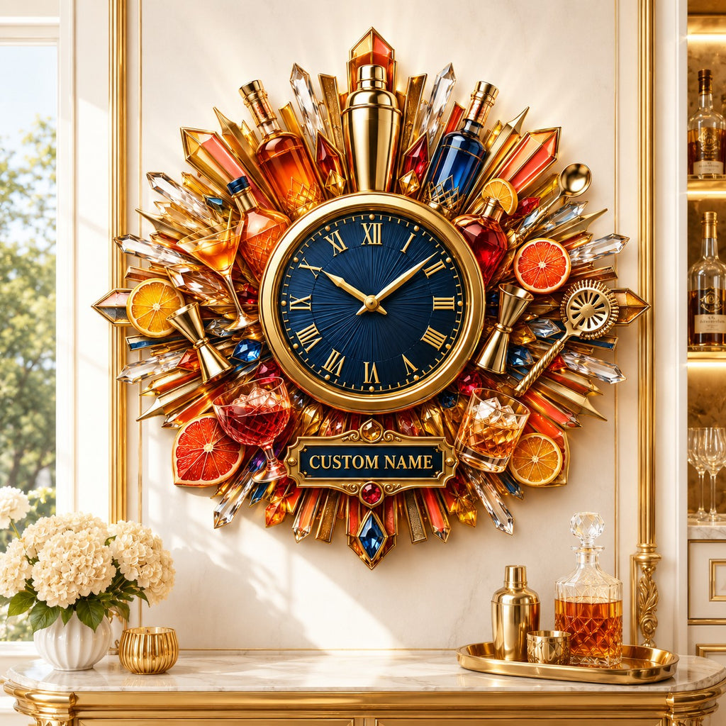 Personalized cocktail bar wall clock — personalized with a custom name