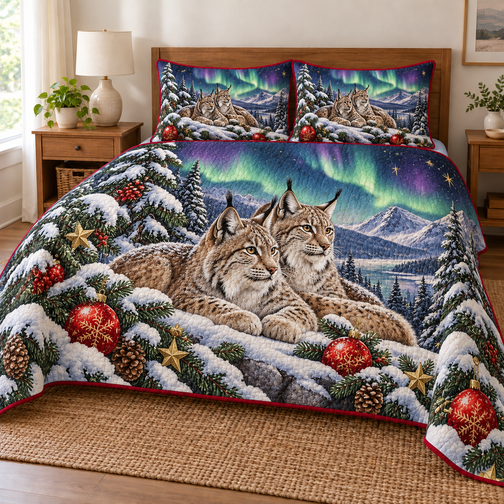 Lynx Northern Lights printed Christmas quilt and two matching pillow shams; design mockup showing a flat printed depth effect.