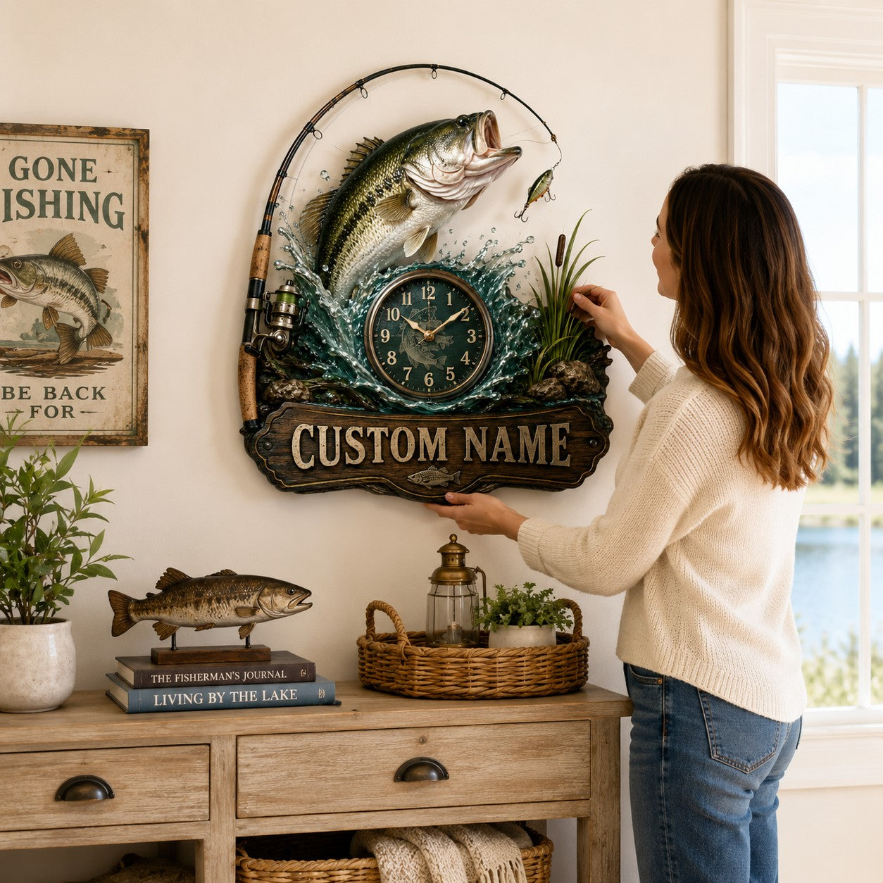 Bass fishing Custom Name Wall Clock — personalized with a custom name