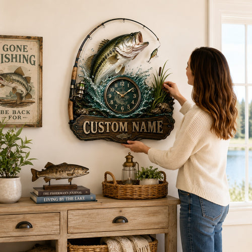Bass fishing Custom Name Wall Clock — personalized with a custom name