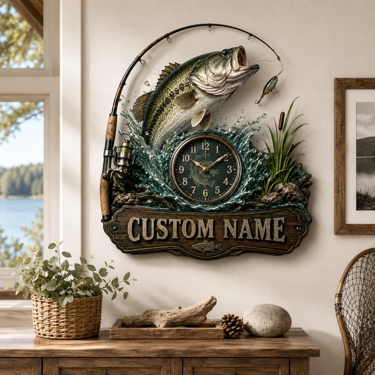 Bass fishing Custom Name Wall Clock — personalized with a custom name