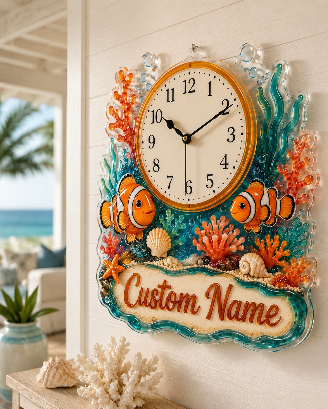 Ocean reef Custom Name Wall Clock — personalized with a custom name