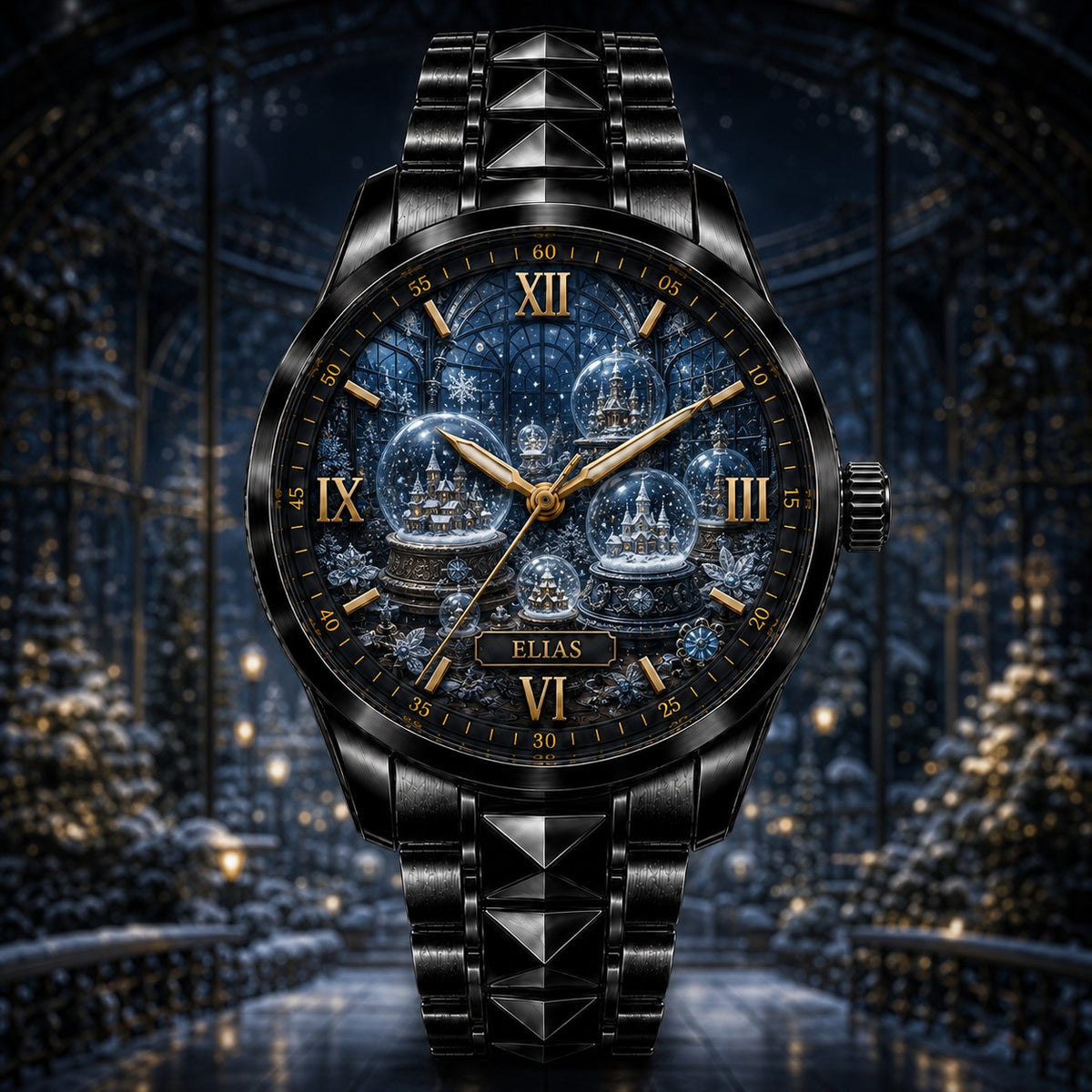 Custom Winter Snow Globe Garden Watch — personalized with a custom name