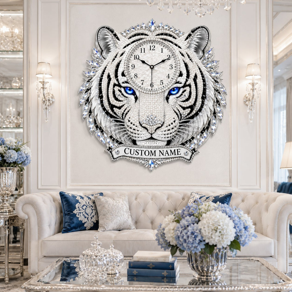 White tiger Custom Name Wall Clock — personalized with a custom name