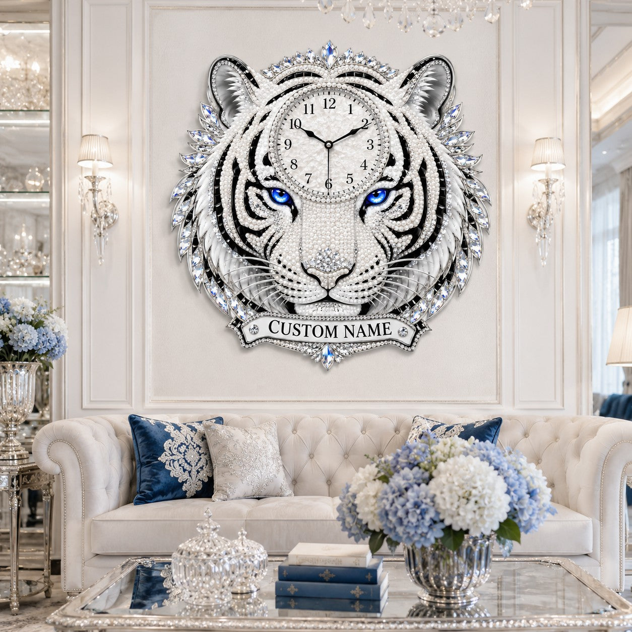 White tiger Custom Name Wall Clock — personalized with a custom name