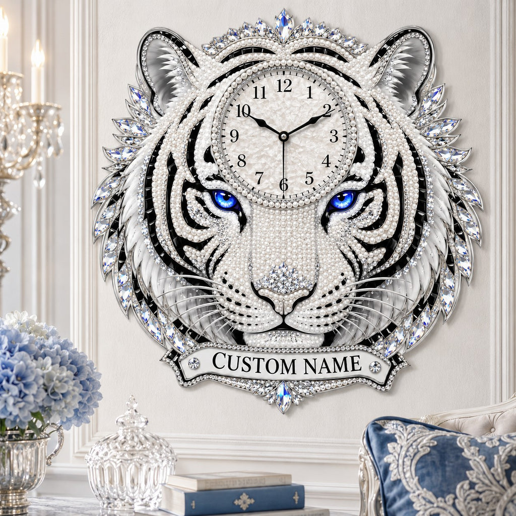 White tiger Custom Name Wall Clock — personalized with a custom name