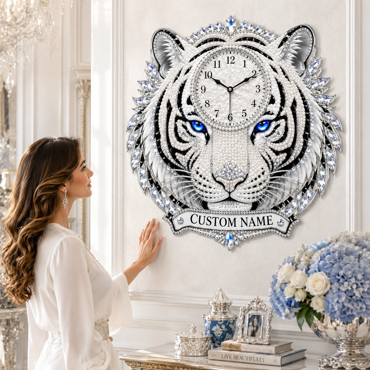 White tiger Custom Name Wall Clock — personalized with a custom name