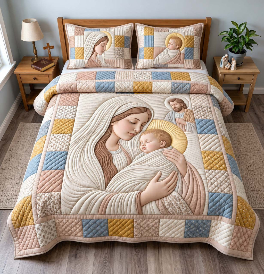 Madonna And Child quilted 3-piece bedding set on a made bed with two matching pillow shams