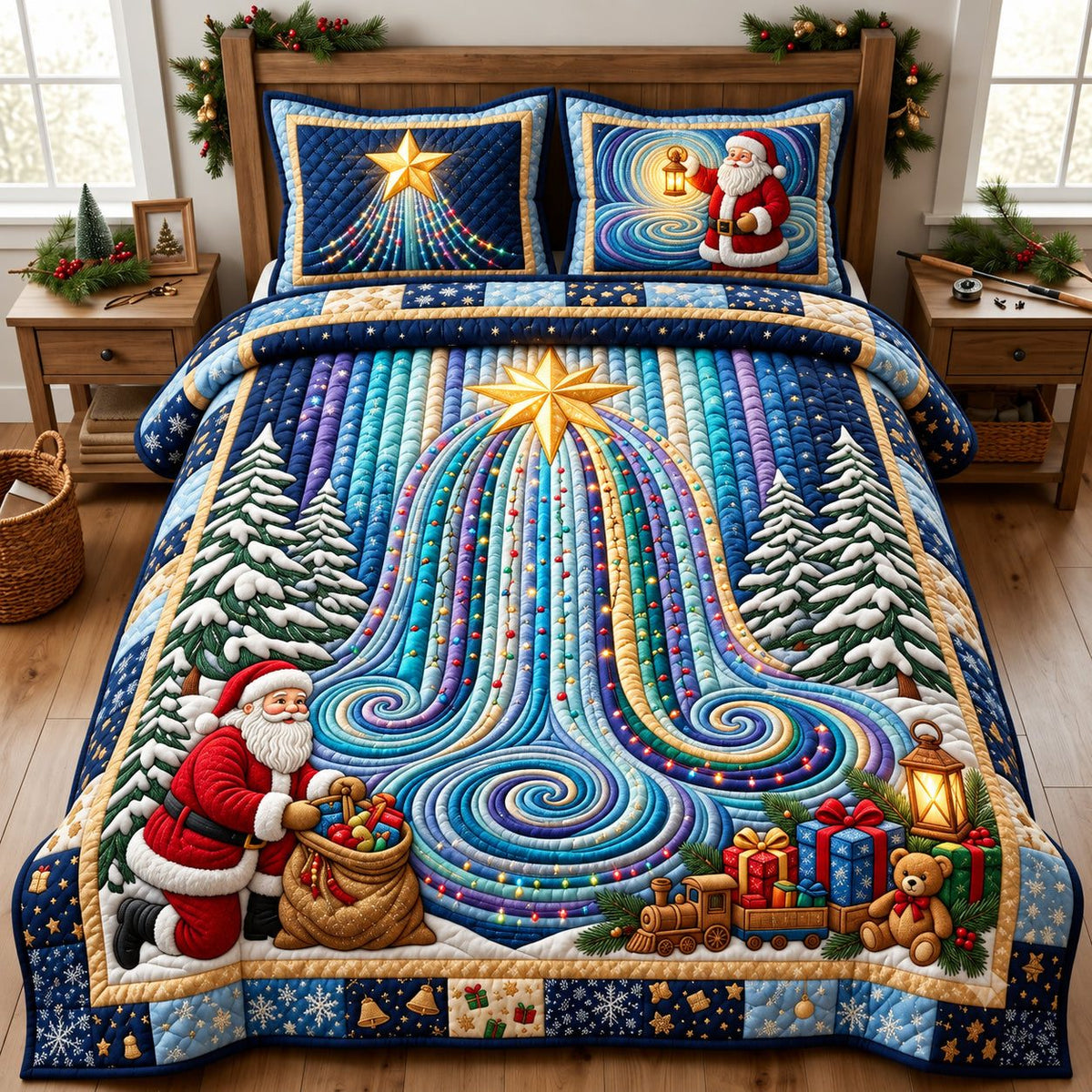 Magic Light Waterfall quilted 3-piece bedding set on a made bed with two matching pillow shams