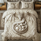 Magnificent White Dragon Eggs quilted 3-piece bedding set on a made bed with two matching pillow shams