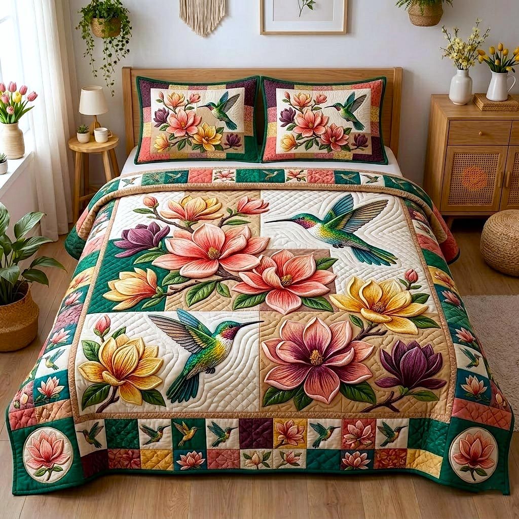 Magnolia Bloom Hummingbird quilted 3-piece bedding set on a made bed with two matching pillow shams