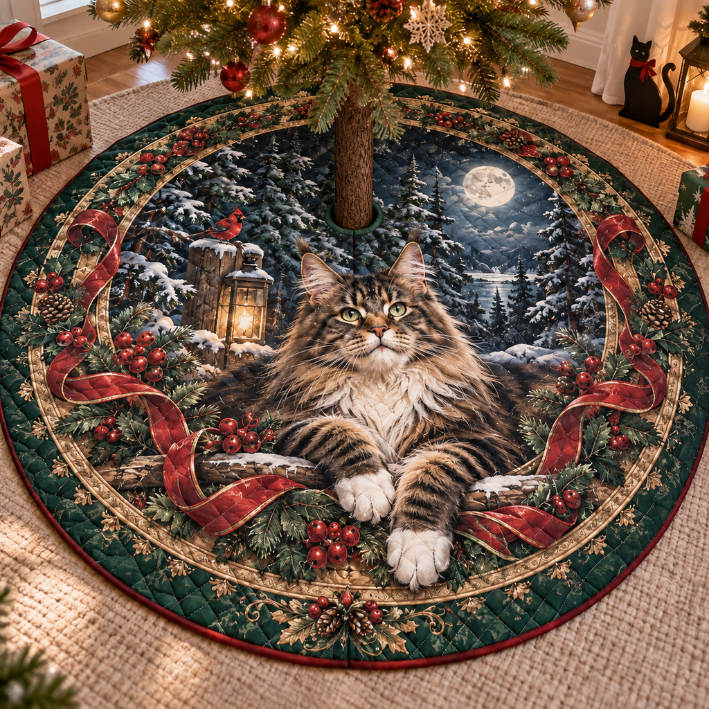 Maine Coon Cat Quilted Christmas Tree Skirt — digital product visualization