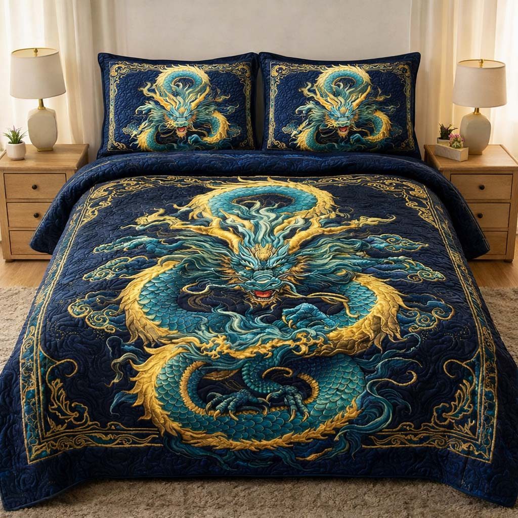 Majestic Dragon Gold Blue quilted 3-piece bedding set on a made bed with two matching pillow shams