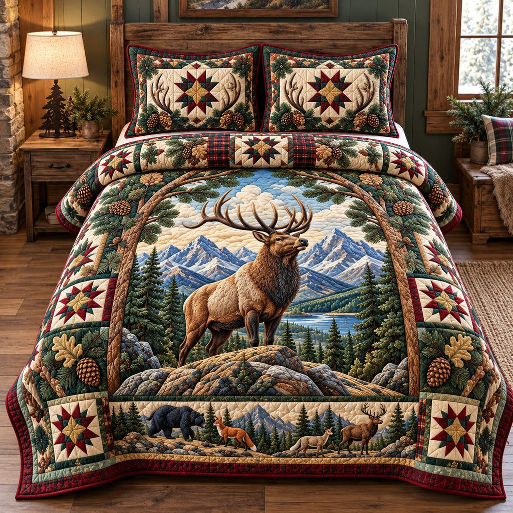 Majestic Elk Mountain quilted 3-piece bedding set on a made bed with two matching pillow shams