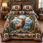 Majestic Elk Mountain quilted 3-piece bedding set on a made bed with two matching pillow shams