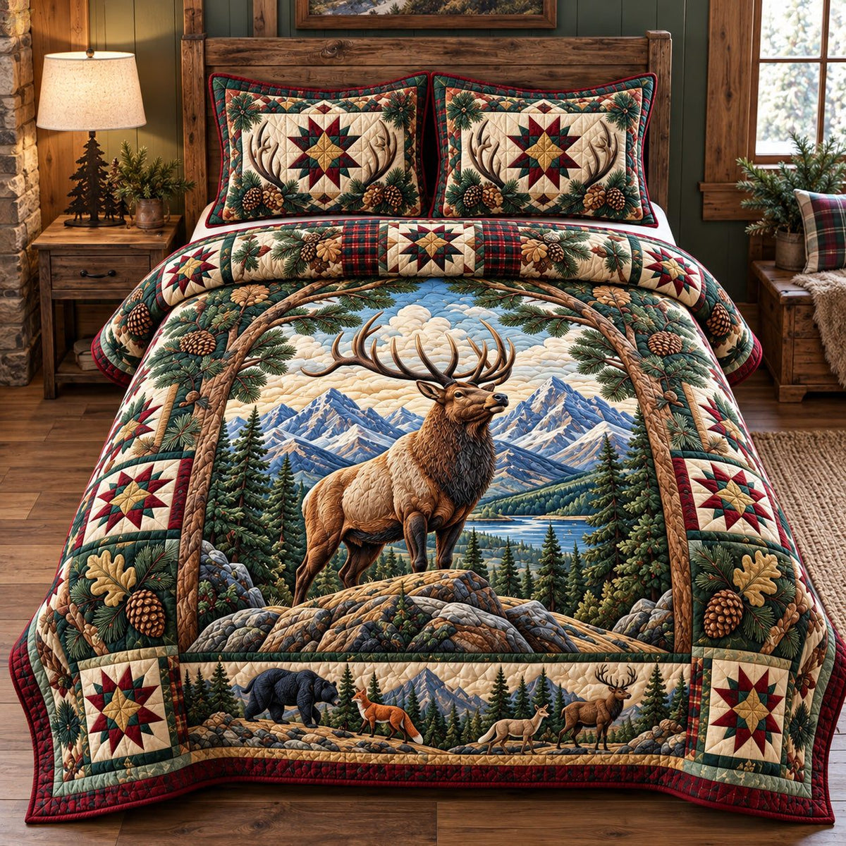 Majestic Elk Mountain quilted 3-piece bedding set on a made bed with two matching pillow shams