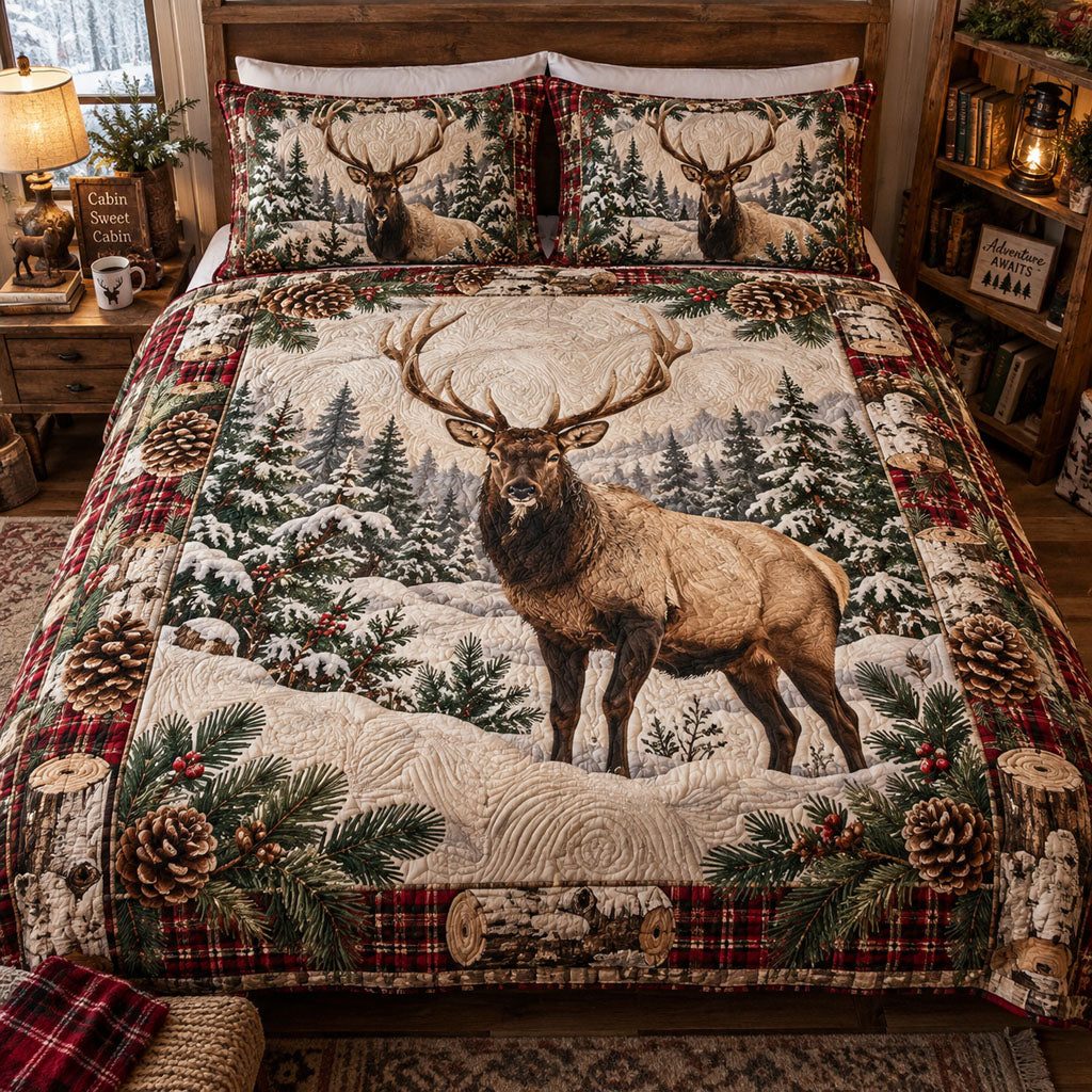 Majestic Elk Wilderness quilted 3-piece bedding set on a made bed with two matching pillow shams