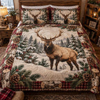 Majestic Elk Wilderness quilted 3-piece bedding set on a made bed with two matching pillow shams