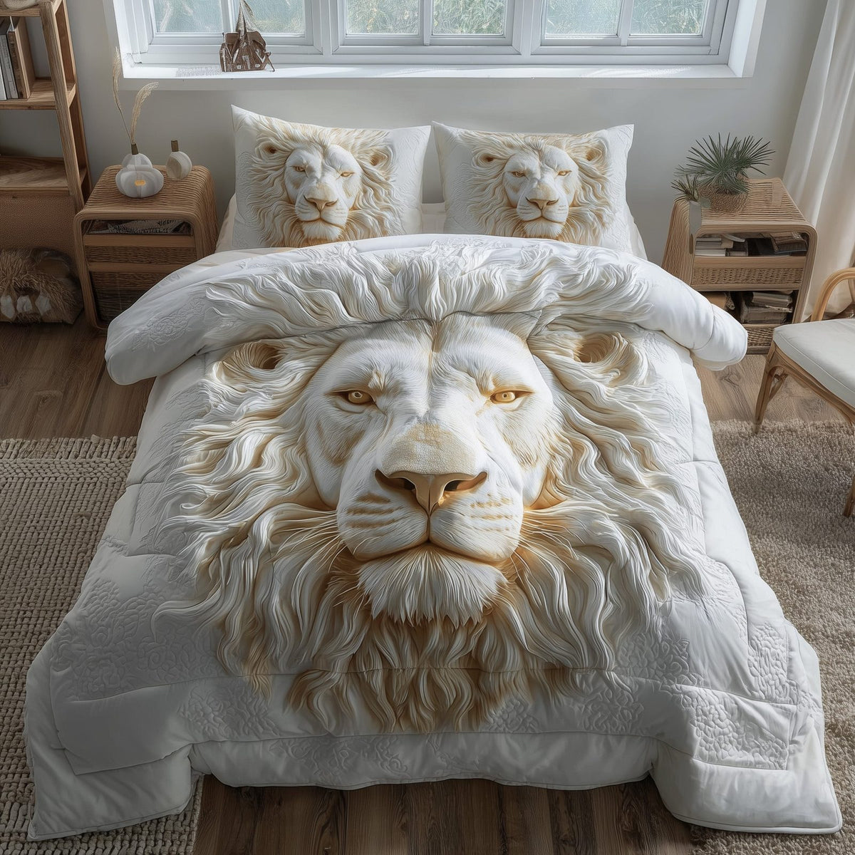 Majestic Lion White Gold quilted 3-piece bedding set on a made bed with two matching pillow shams