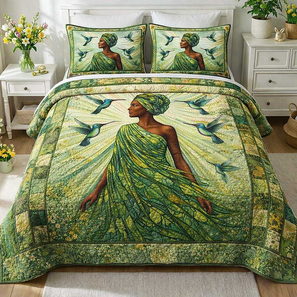 Majestic Melanin Green quilted 3-piece bedding set on a made bed with two matching pillow shams