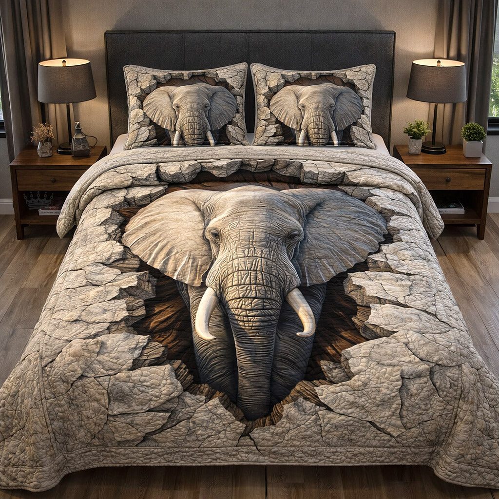Majestic Tusker Grey quilted 3-piece bedding set on a made bed with two matching pillow shams