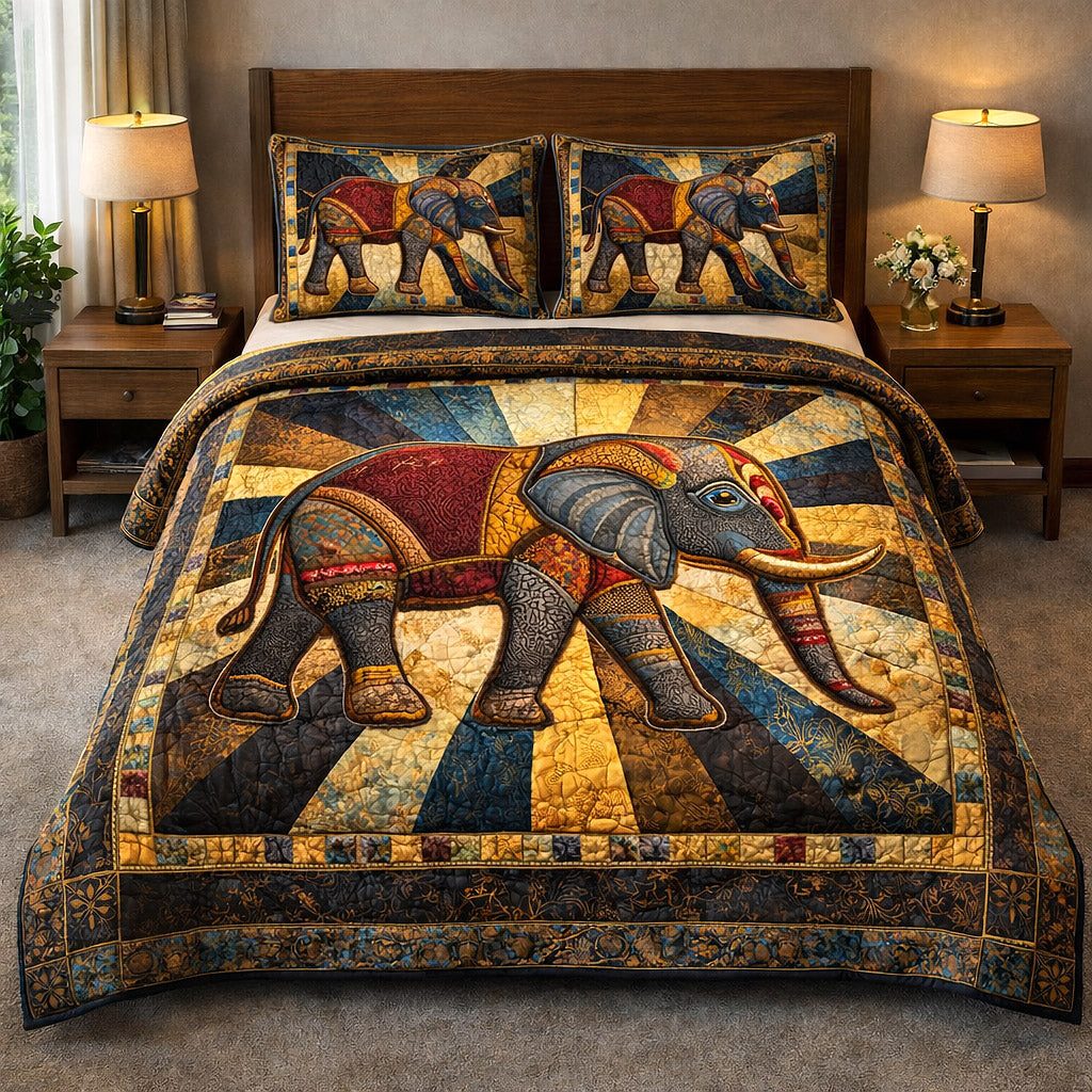 Majestic Tusker Mosaic quilted 3-piece bedding set on a made bed with two matching pillow shams