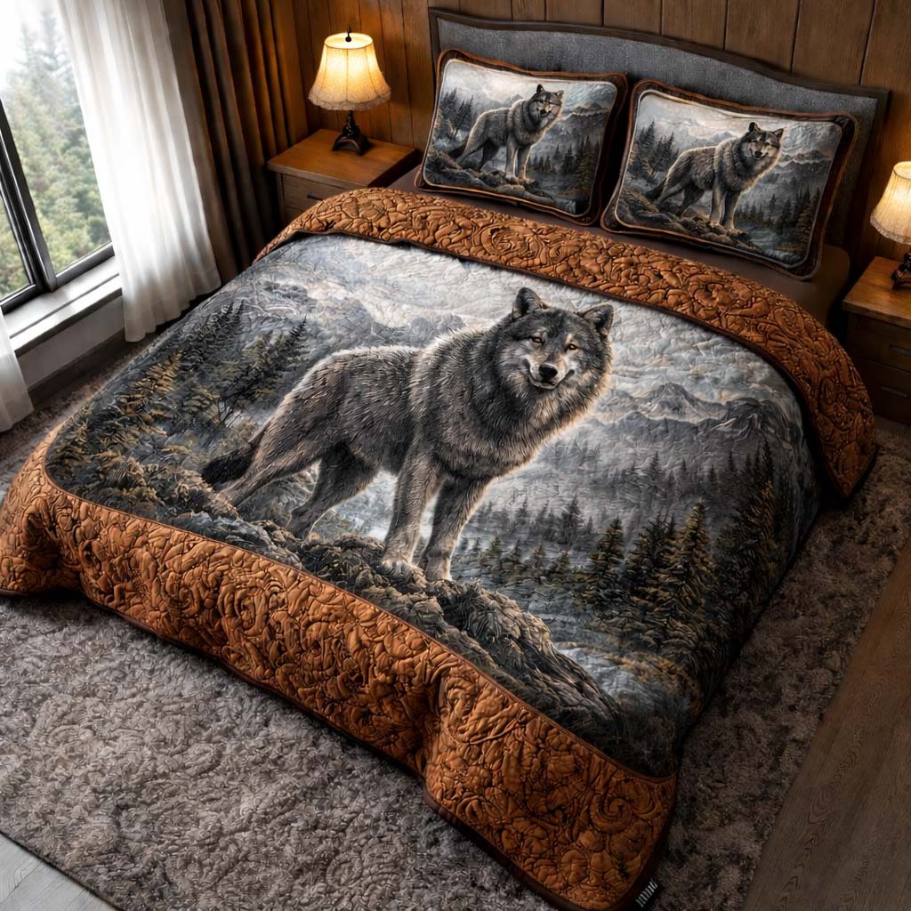 Majestic Wolf Snow quilted 3-piece bedding set on a made bed with two matching pillow shams