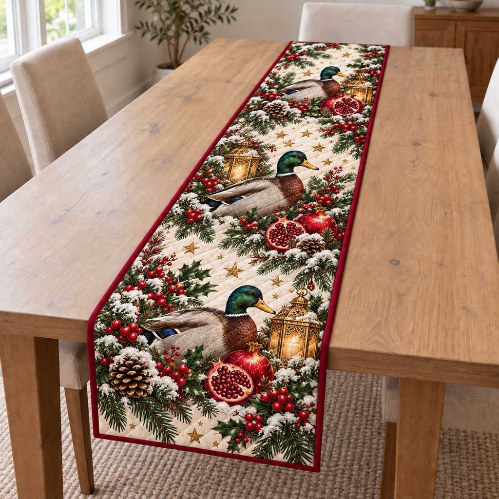 Mallard Pomegranate Toy Lantern printed Christmas quilted table runner; design mockup showing a flat printed depth effect.