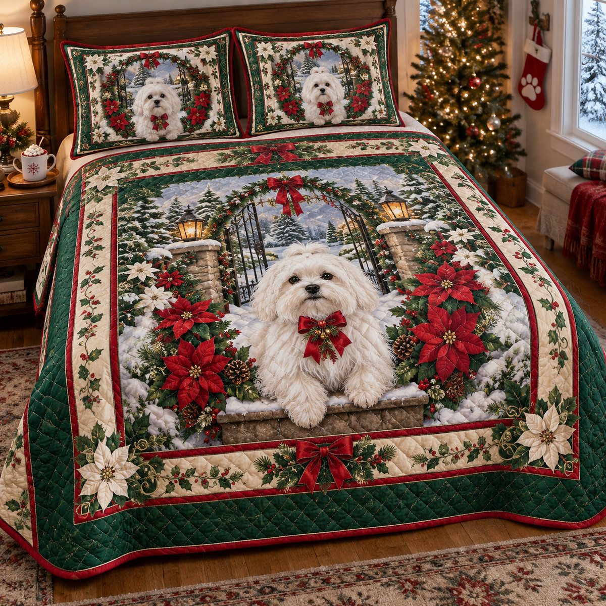 Maltese Christmas 3-Piece Quilted Bedding Set — digital product visualization