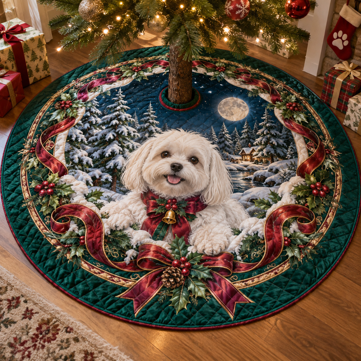 Maltese Quilted Christmas Tree Skirt — digital product visualization