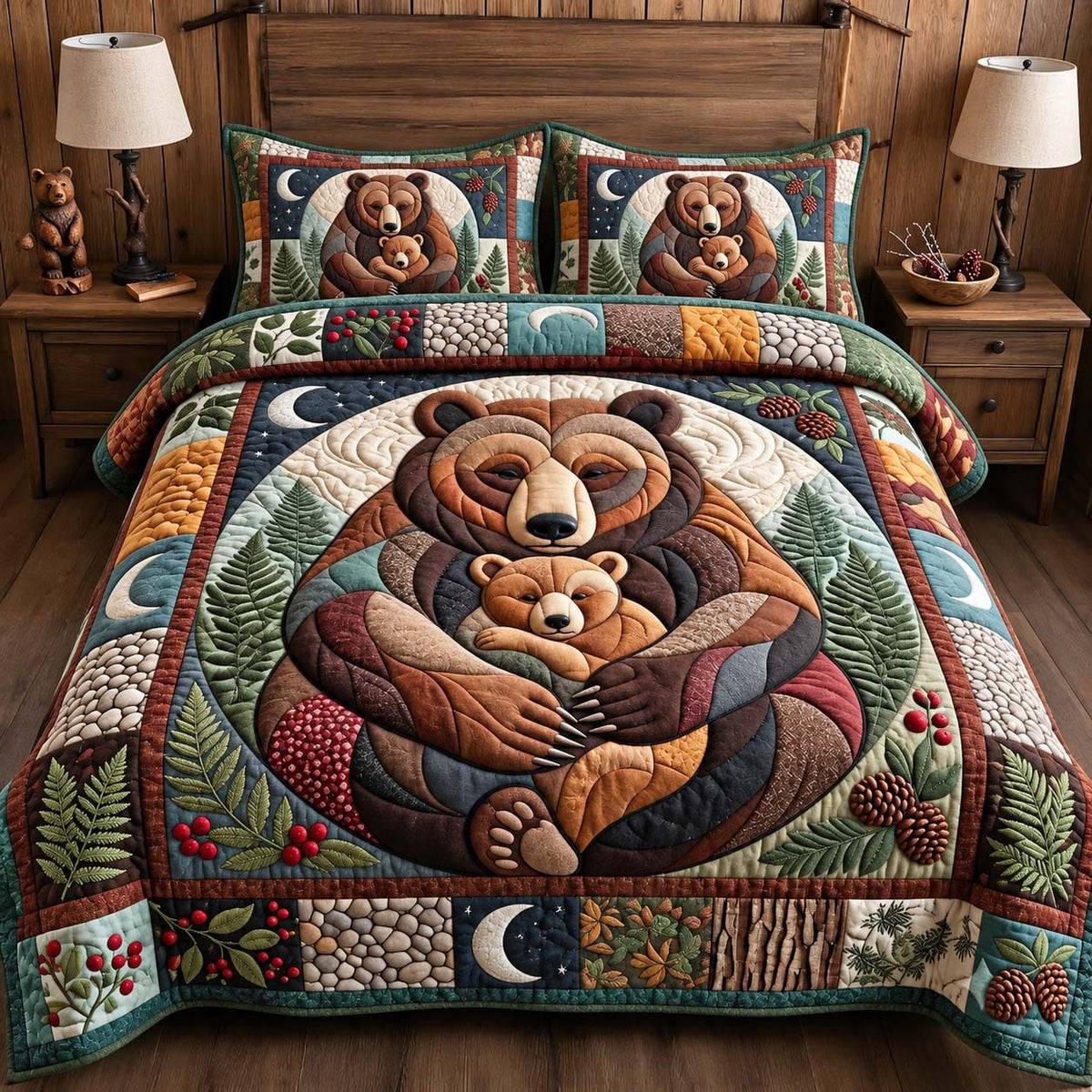 Mama Bear And Cub quilted 3-piece bedding set on a made bed with two matching pillow shams