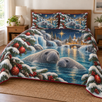 Manatee Star Lagoon printed Christmas quilt and two matching pillow shams; design mockup showing a flat printed depth effect.