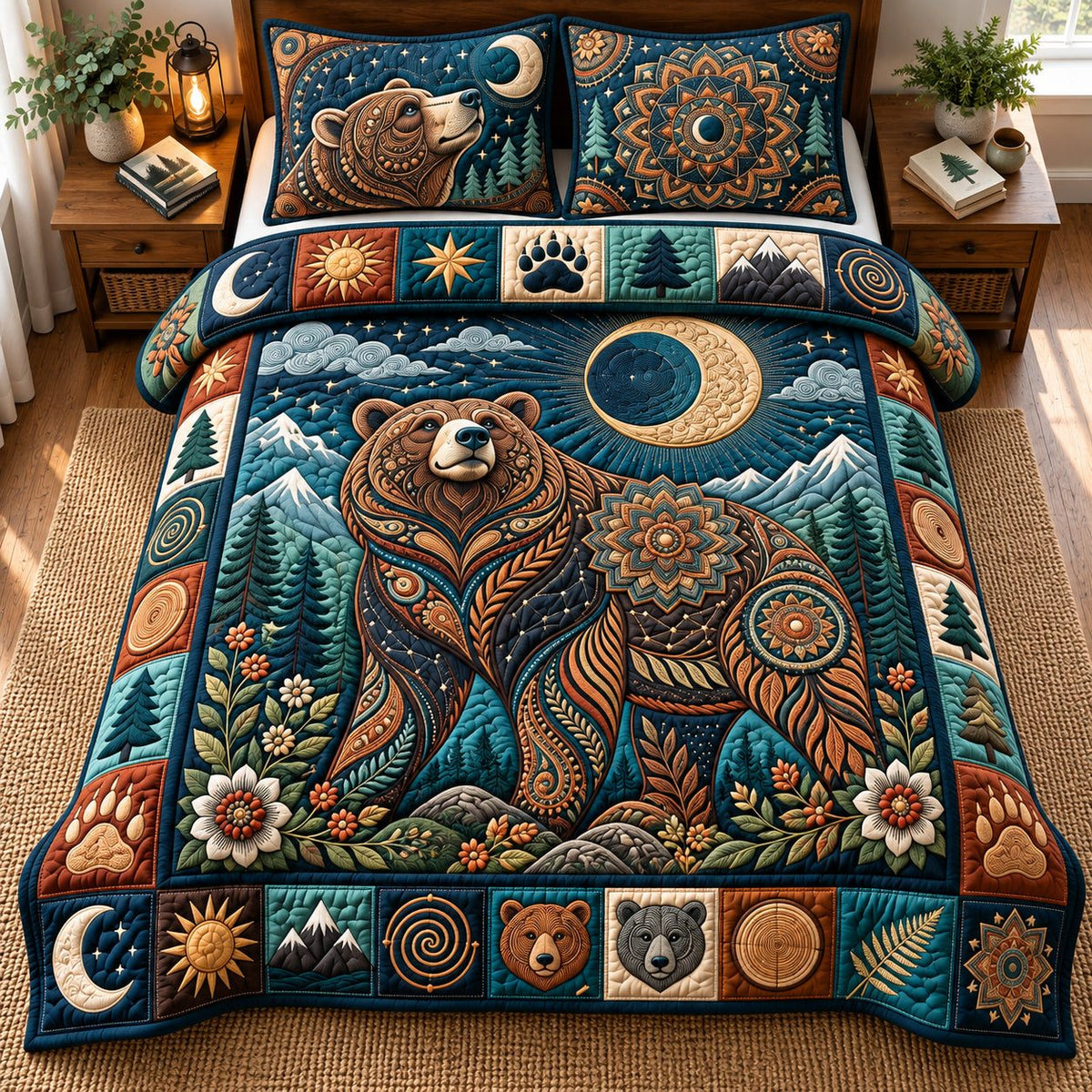 Mandala Moonlit Bear quilted 3-piece bedding set on a made bed with two matching pillow shams