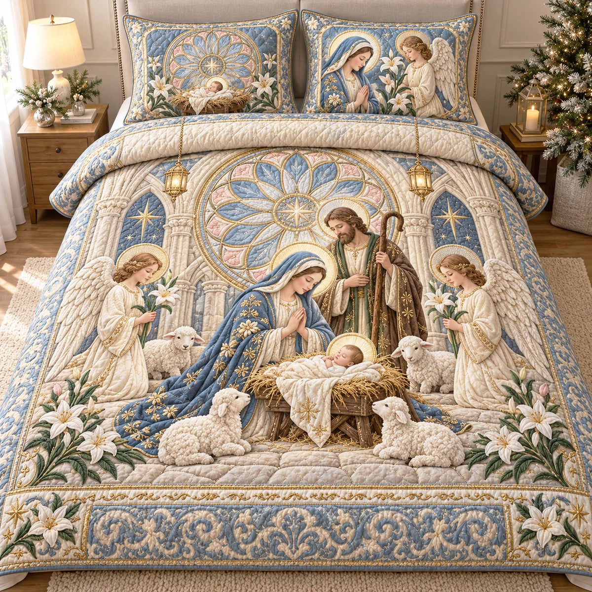Manger Light quilted 3-piece bedding set on a made bed with two matching pillow shams
