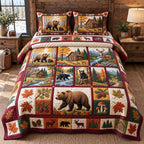 Maple Leaf Bear Autumn Patchwork quilted 3-piece bedding set on a made bed in a farmhouse bedroom