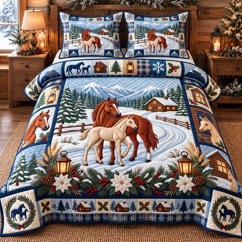 Mare And Foal Holiday Horses quilted 3-piece bedding set on a made bed in a winter-styled bedroom