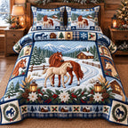 Mare And Foal Holiday Horses quilted 3-piece bedding set on a made bed in a winter-styled bedroom