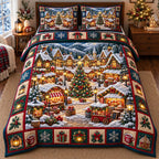 Market Square Tree Christmas Village quilted 3-piece bedding set on a made bed in a winter-styled bedroom