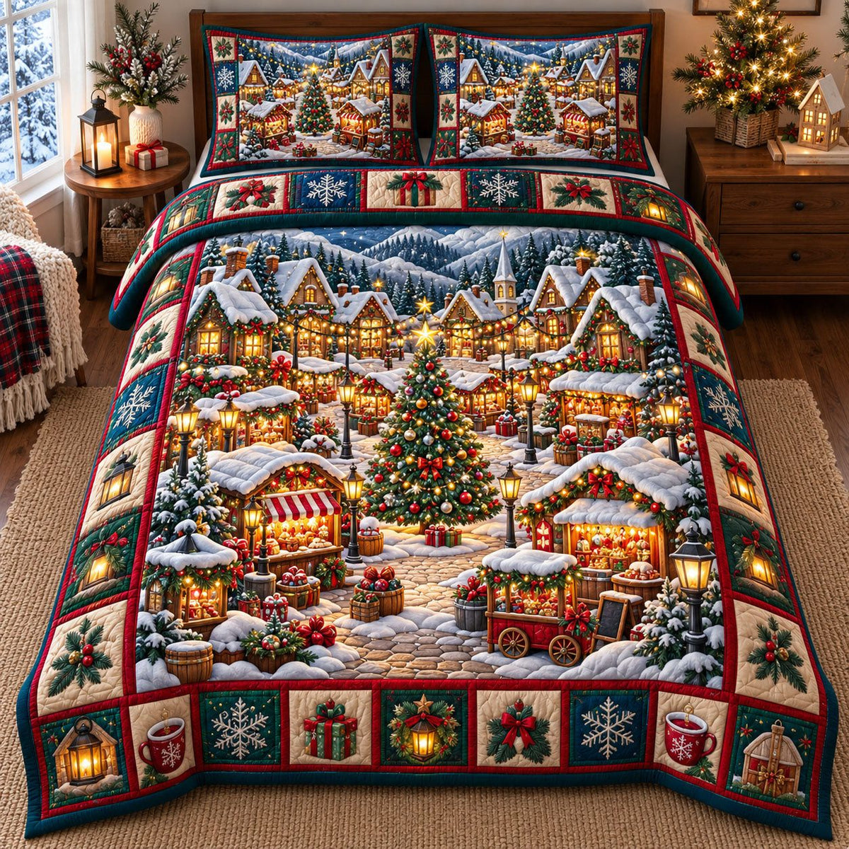 Market Square Tree Christmas Village quilted 3-piece bedding set on a made bed in a winter-styled bedroom