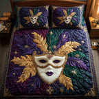 Masquerade Dream Feathers quilted 3-piece bedding set on a made bed with two matching pillow shams