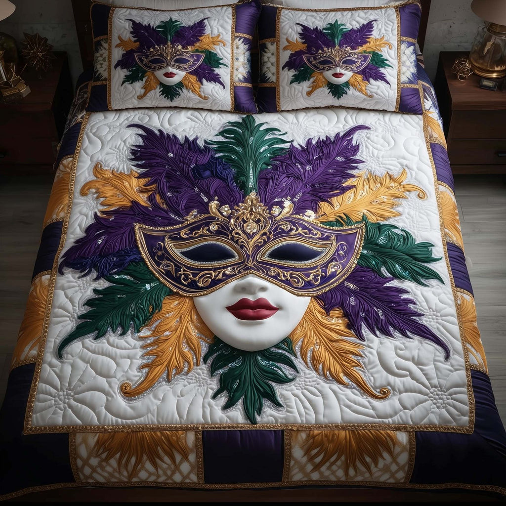 Masquerade Dream Mask quilted 3-piece bedding set on a made bed with two matching pillow shams
