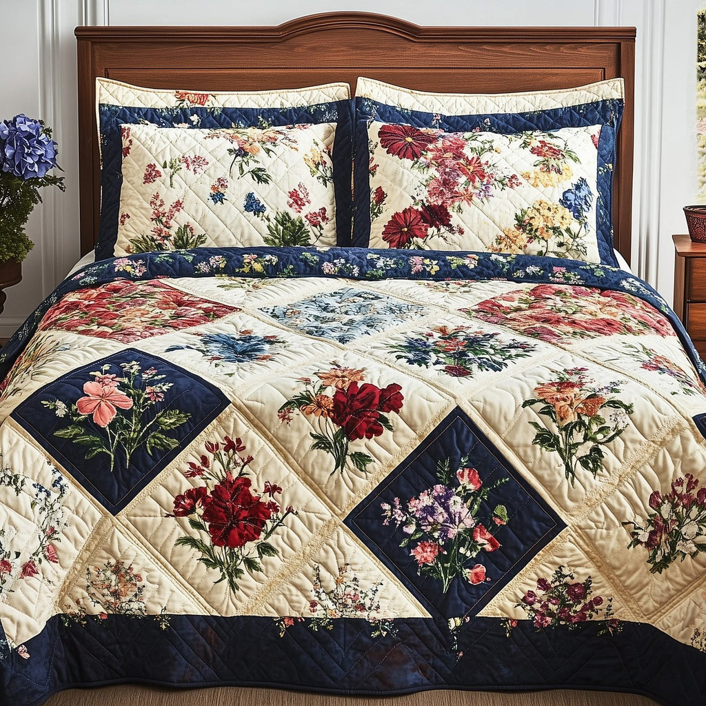 Meadow Blooms Patchwork quilted 3-piece bedding set on a made bed in a farmhouse bedroom