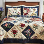 Meadow Blooms Patchwork quilted 3-piece bedding set on a made bed in a farmhouse bedroom