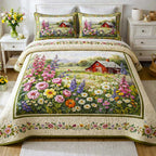 Meadow Harvest quilted 3-piece bedding set on a made bed with two matching pillow shams