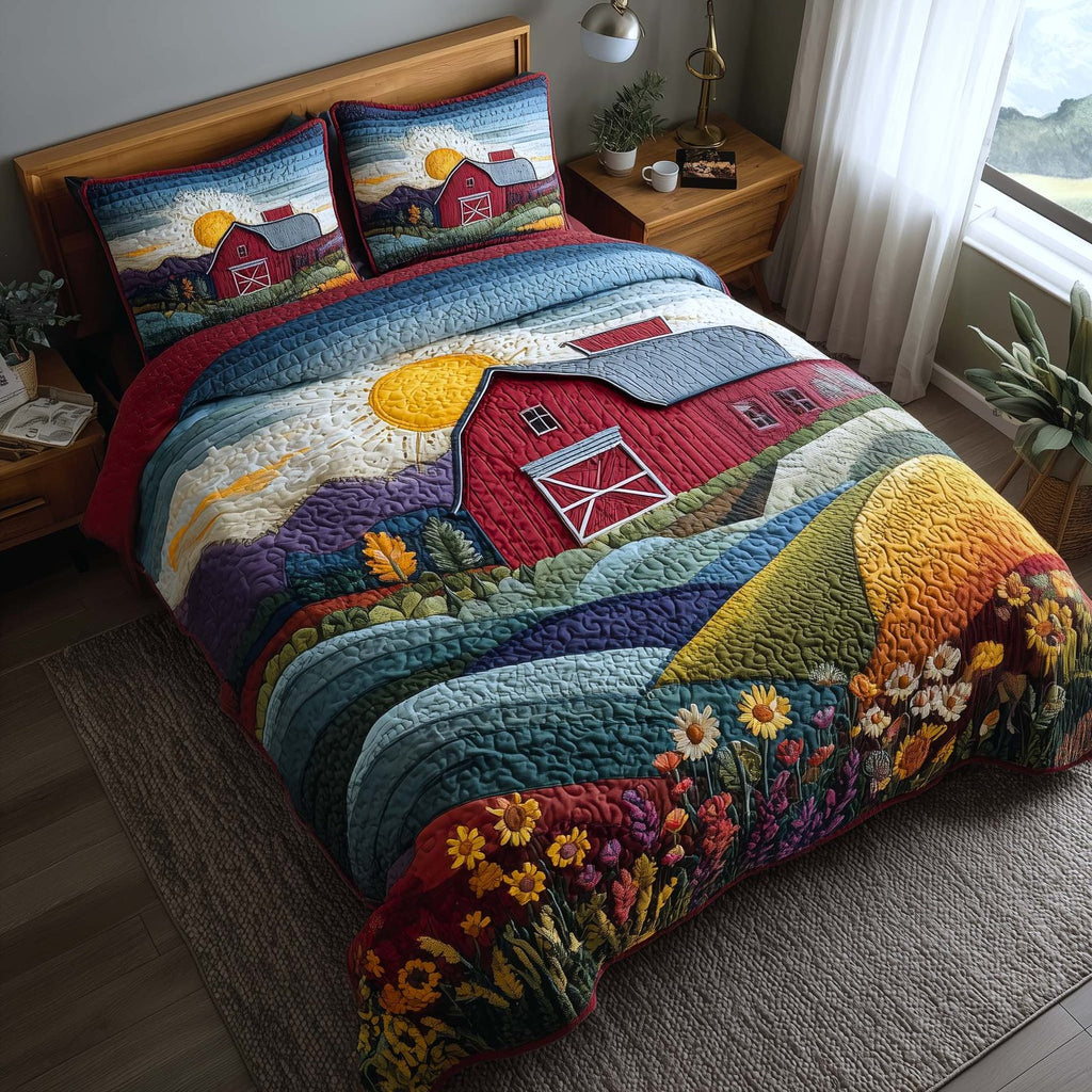 Meadow Homelife Barn Hills quilted 3-piece bedding set on a made bed in a farmhouse bedroom