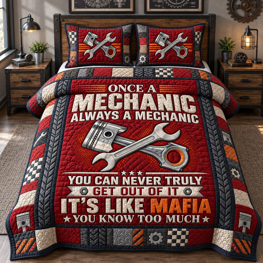 Mechanic For Life quilted 3-piece bedding set on a made bed with two matching pillow shams