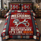 Mechanic For Life quilted 3-piece bedding set on a made bed with two matching pillow shams